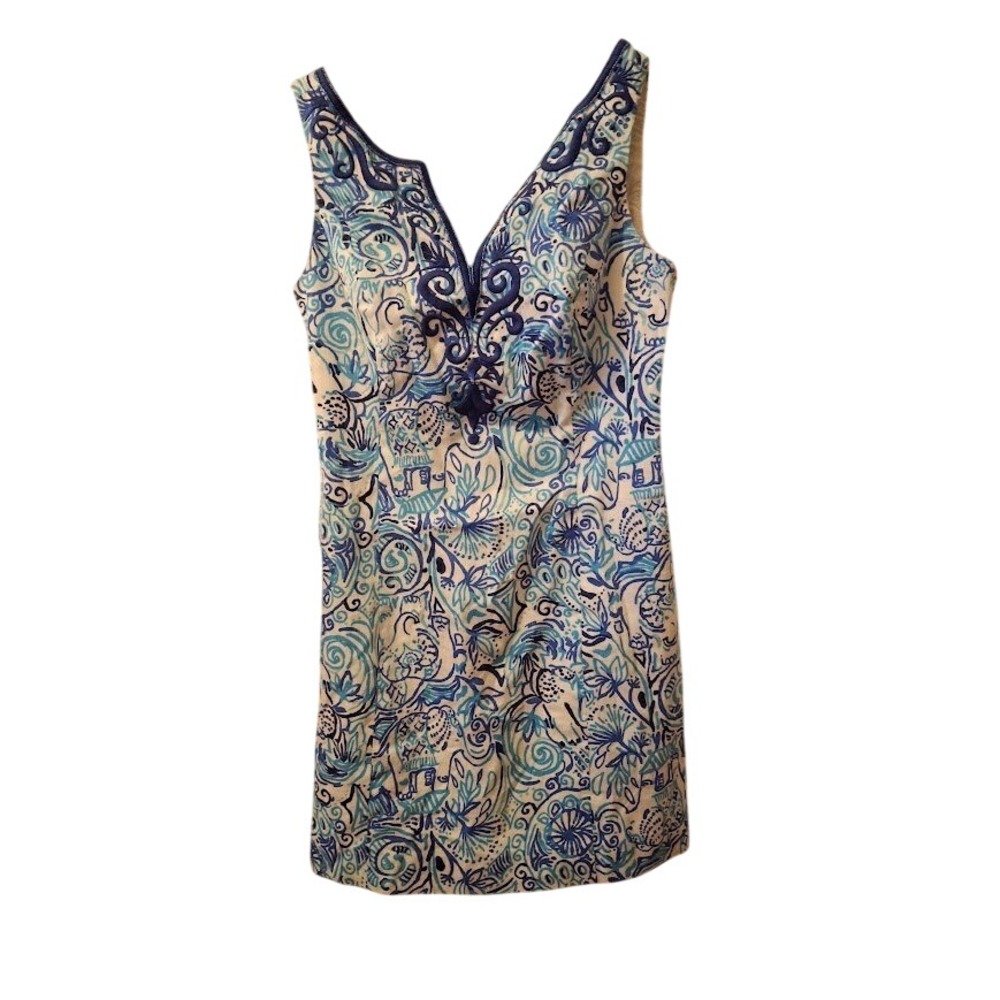 Lilly Pulitzer Blue White Elephant Print Soutache V-Neck Cotton Shift Dress 00